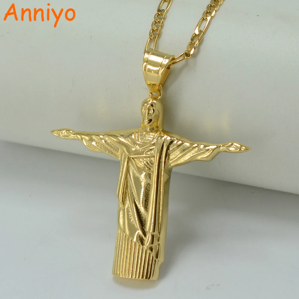 

Anniyo Cristo Redentor Rio Brazil Christ The Redeemer statue Gold Color Jewelry Jesus Portrait Necklaces Figure Cross #01A220