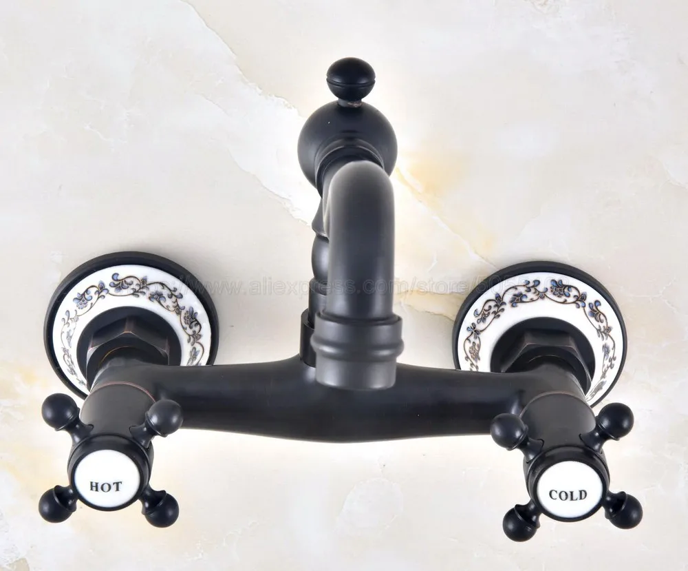 Oil Rubbed Bronze Wall Mounted Bathroom Sink Faucet Swivel Spout Bathtub Mixer Dual Handles znf461