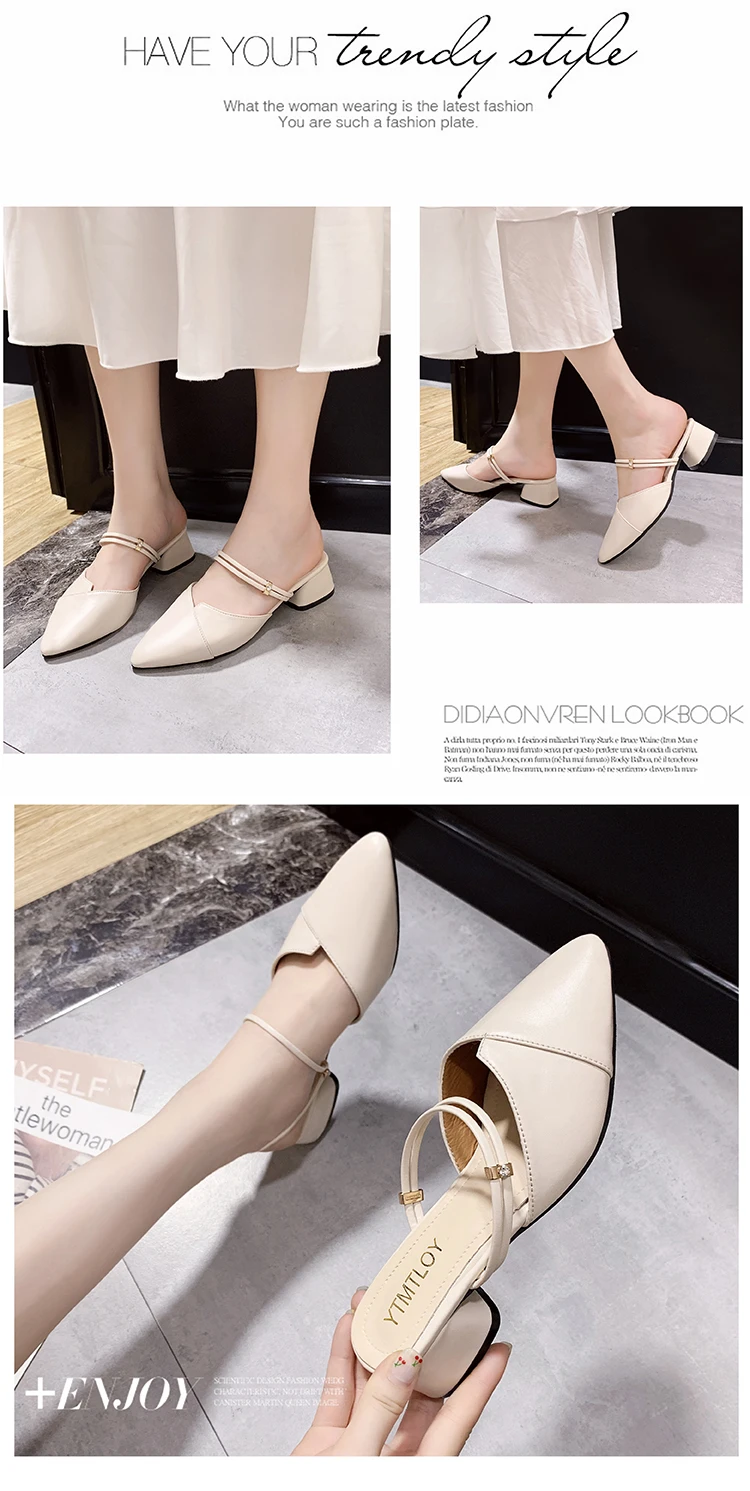 Party Women Mules Slipper Pointed Toe Block Strap Closed Shallow High Heels Shoes Sandals Black Beige Square heel Pumps