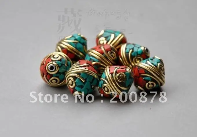 

DIY Loose Beads NBB331 Nepal handmade brass inlaid turquoise loose beads,12*14mm,vintage shuttle disk beads