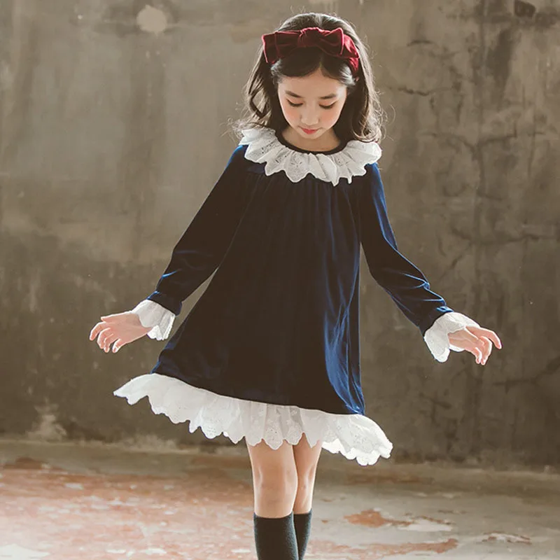 

Christmas velvet teenage winter 2019 girls dresses fleece dress for girl lace patchwok long sleeve princess autumn dress baby