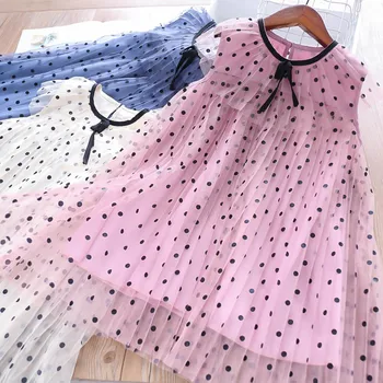 

Roimyal Wholesale 2019 summer 3 color cute 2-6 years girl lotus leaf collar with wave point mesh princess dress free shipping