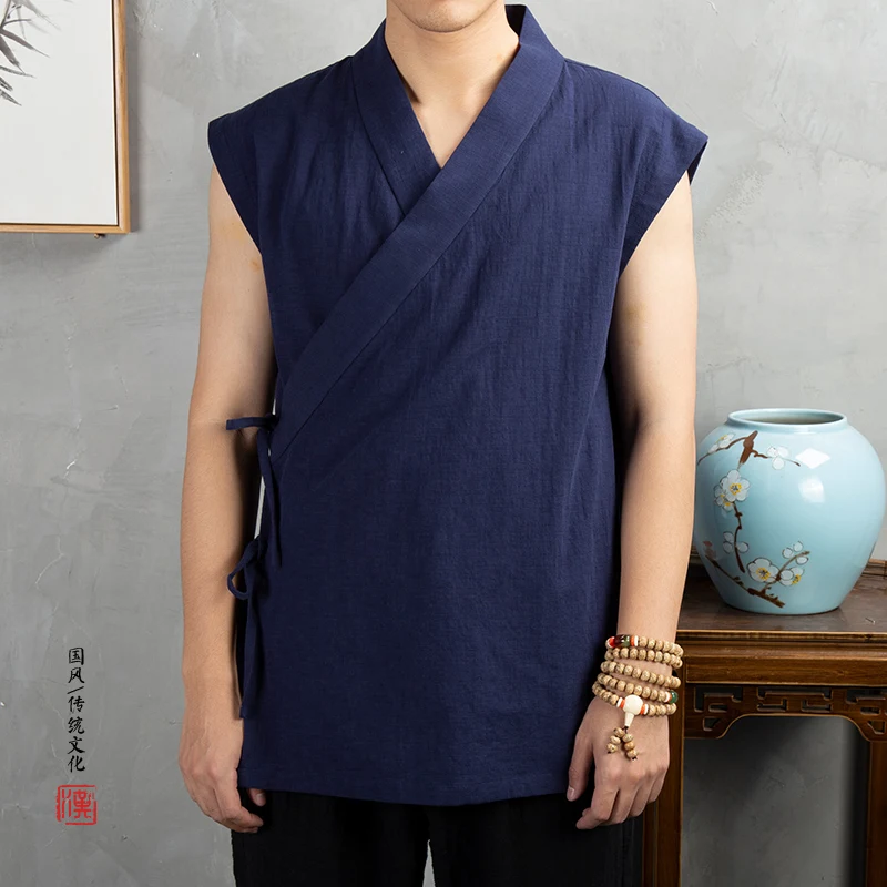 Traditional Chinese Clothing  Hanfu Men Linen cotton sleeveless Jacket mens tang suit Kimono Cardigan Male Open Stitch Coat 2