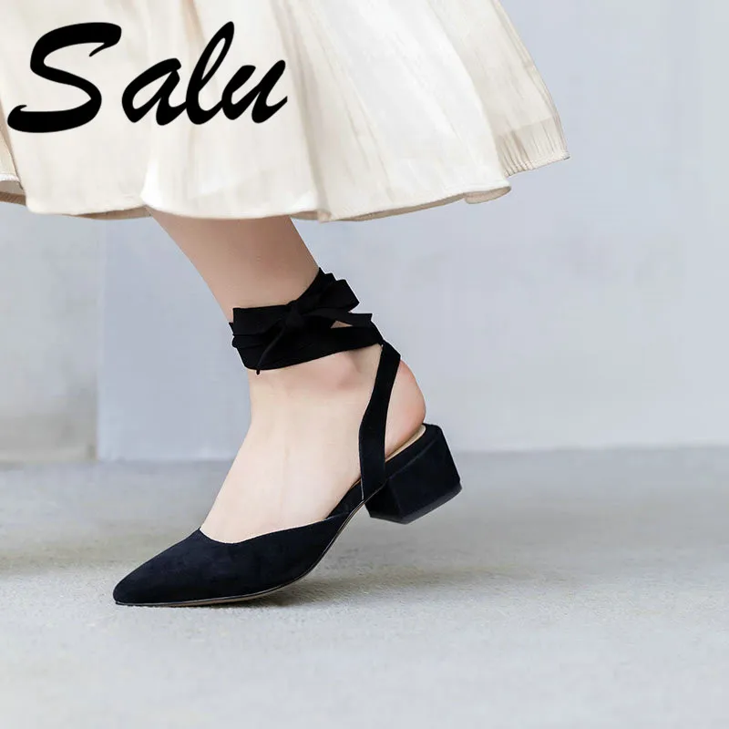 

Salu Fashion Solid Sandals New Style Spring Women's Casual Kid Suede Leather Lace-up Shoes Square Heel Sandals