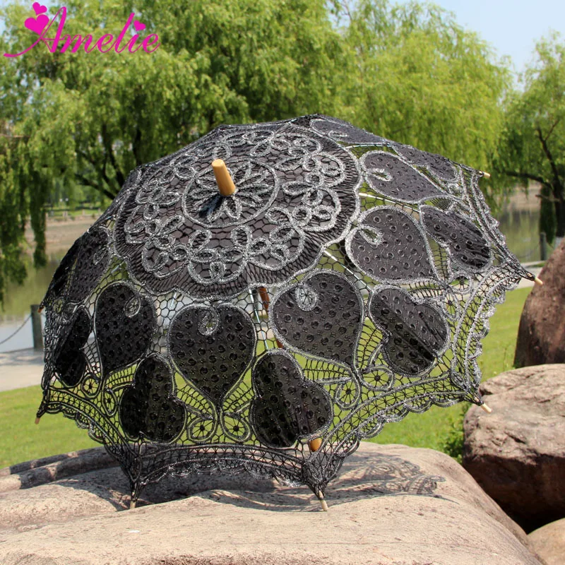 

Metallic Thread Silver Battenburg Lace With Black Embrodiery Heart Fabric Wedding Lace Parasol Umbrella Gifts