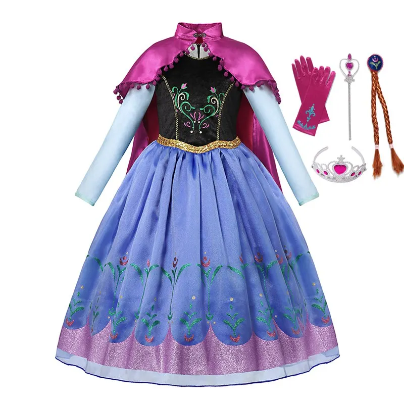 VOGUEON Deluxe Girls Anna Princess Costume Snow Queen Elsa Anna Dress Up Halloween Kids Cosplay Pageant Party Fancy Long Dress