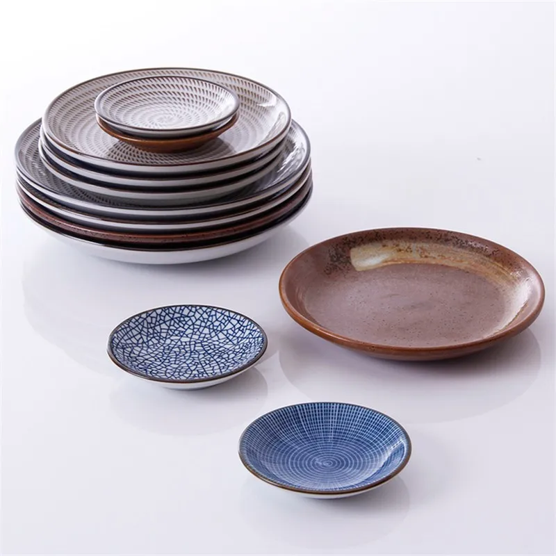 Гарантированная хрустящая глазурь наборы посуды японская керамическая посуда роспись Керамическая Посуда с кольцевым узором