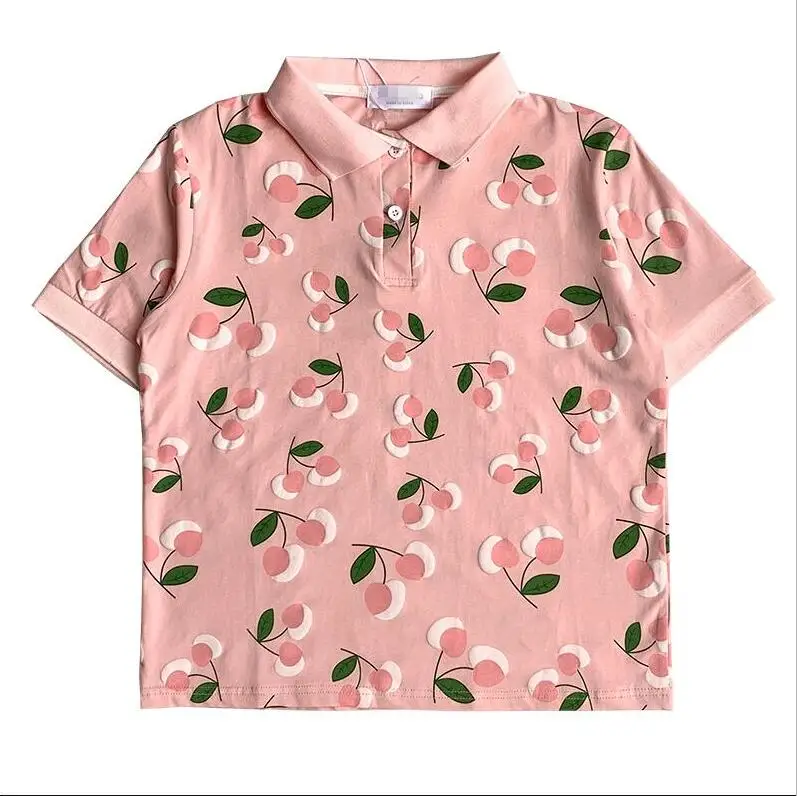 

Sweet and cute college wind cherry print slim short-sleeved T-shirt