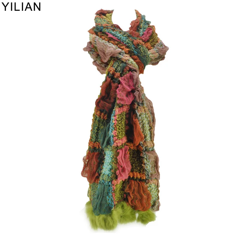 

YiLiAN Brand 6 Colors Warm Winter Scarves New Arrival Women Plicated Colour Block Knitted Scarf with Rabbit Fur SF462
