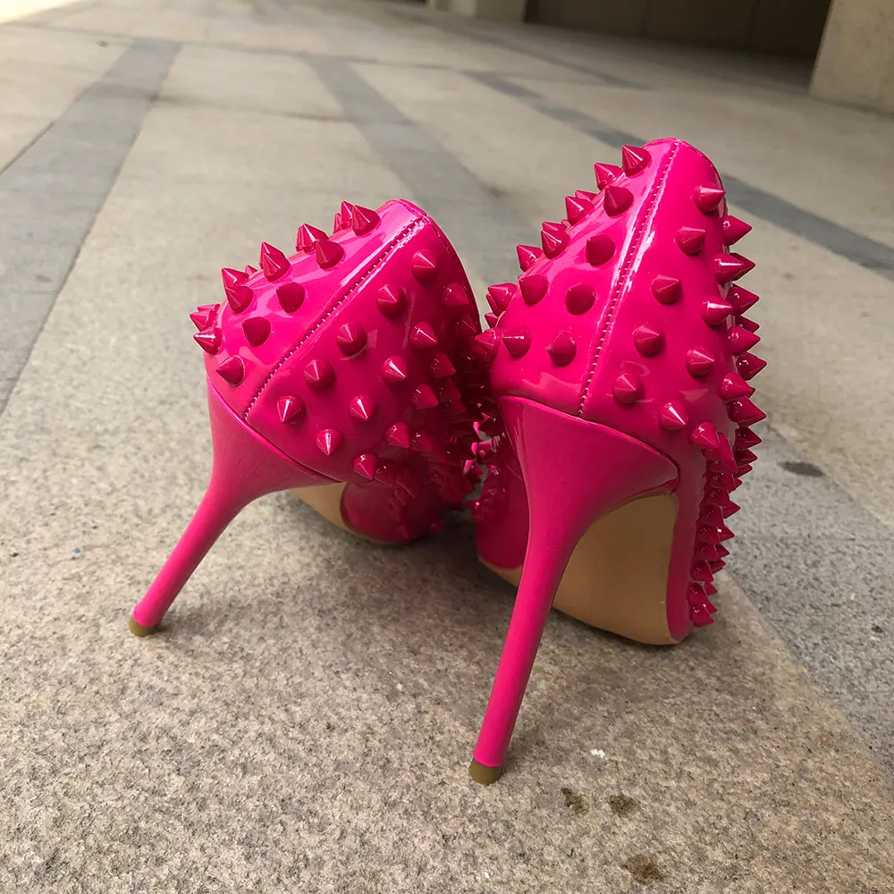 Veowalk/розовые женские пикантные панк-шипы на высоком каблуке в итальянском стиле; женские остроносые туфли-лодочки на шпильке с заклепками; обувь для вечеринок без шнуровки