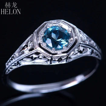 

HELON 925 STERLING SILVER ANTIQUE FILIGREE NATURAL BLUE TOPAZ ART DECO STYLE VINTAGE RING WOMEN'S WEDDING ANNIVERSARY RING