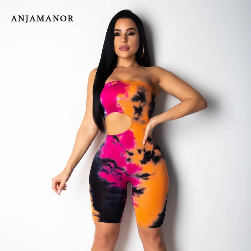 

ANJAMANOR Tie Dye Strapless Cut Out Short Bodycon Jumsuit Sexy Mujeres Womens One Piece Romper Summer 2019 Playsuit D29-AZ84