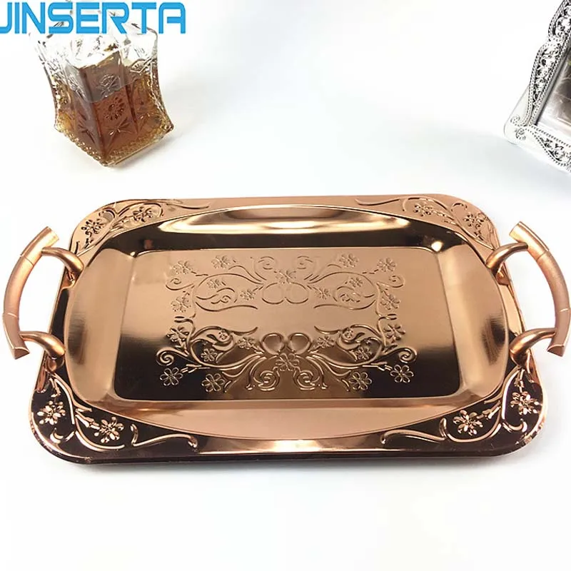 

JINSERTA Metal Storage Tray Jewelry Display Plate with Handle Gold Dessert Fruit Cake Tray Creative Party Decoration Organizer