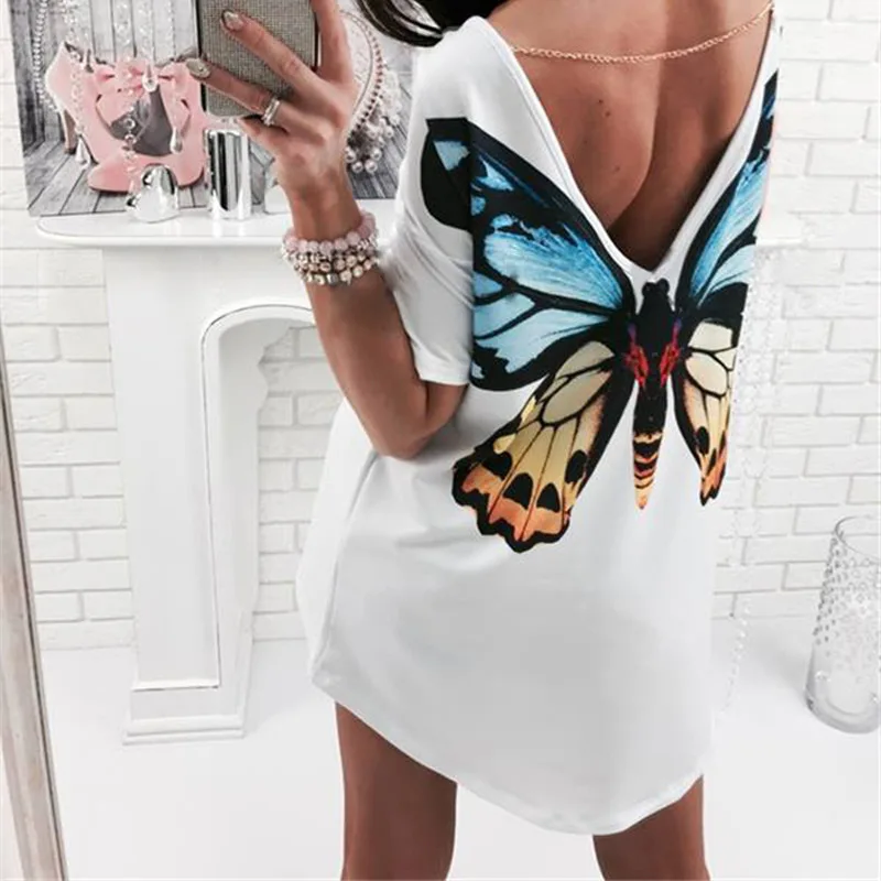 

Fashion Deep-V Backless Chain Cat Butterfly Short Sleeve Women Top Cotton T-Shirt Dress Backless Loose Breathable Printed Dress
