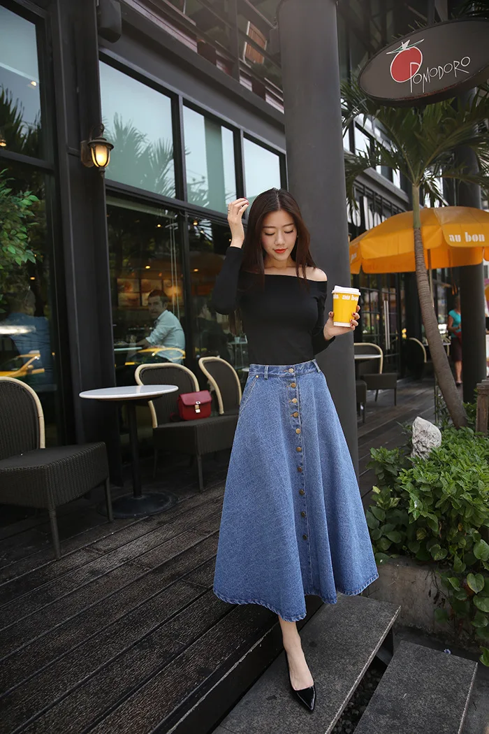 Danjeaner, корейский стиль, Ретро стиль, деним, Женская одноцветная длинная юбка, высокая талия, женская Повседневная Джинсовая юбка с большим подолом на пуговицах