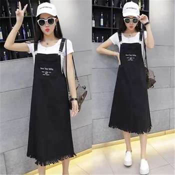 

Pule Size 5XL 2019 Summer New Large Size Women's Strap Solid Color Denim Cotton Joker Strap Black Denim Female Long Dress 651
