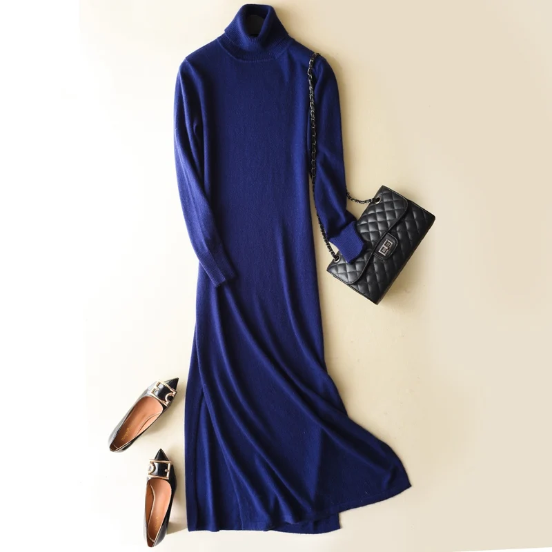 Отложной воротник полный рукав 30 кашемировое вязаное платье с Боковым Разрезом тонкое длинное платье женские длинные свитера вязаное осенне-зимнее платье#941 - Цвет: Midnight Blue