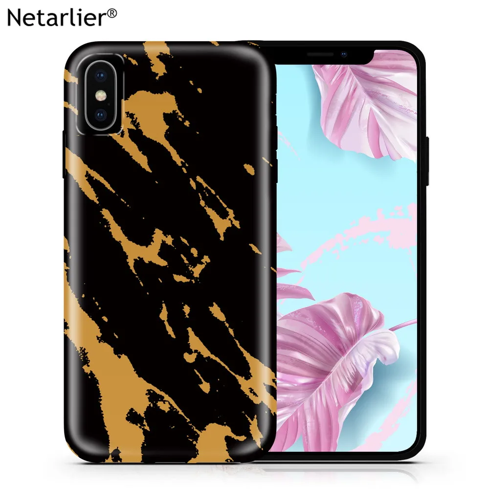 

Netarlier Luxury Phone Case For iPhone Xsmax XR 7Plus ix 8 6 6s Protective Black And Gold Chrome Marble Matte Thick IMD Cover