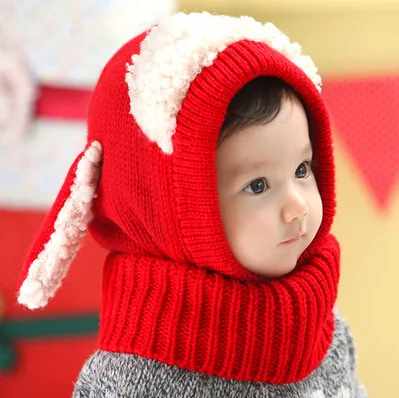 Зимние Детские теплые вязаные шапки для девочек и мальчиков; шерстяной милый шарф с капюшоном для малышей; плащ с ушками; Балаклава для костюмированной вечеринки - Цвет: Красный
