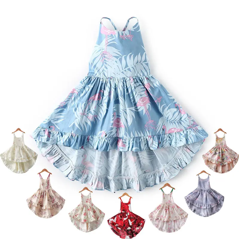 

Girls Sling Dress Kids Backless Beach Dresses Summer Floral Printing Vacation Costumes Short Front Long Back Holiday Frocks