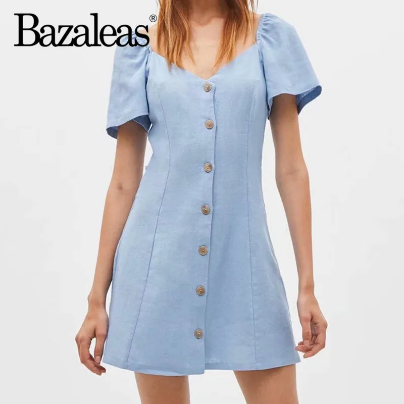 

Bazaleas Slim Aline vestidos Fashion Blue Casual Women Dress Basic Center Buttons Denim Summer dress drop shipping