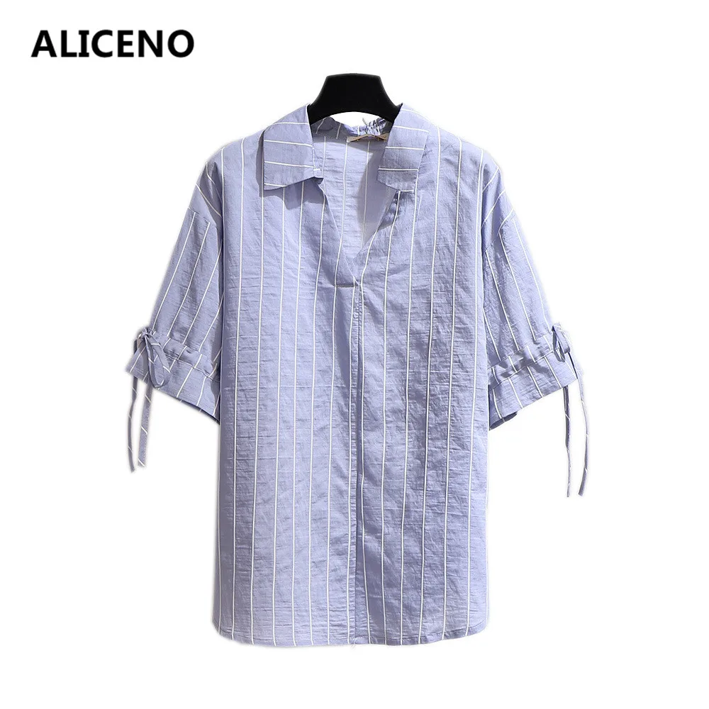 

ALICENO New 2019 Summer Big Size 6XL-2XL Sexy Striped Women Blouse Turn Down Collar Flare Sleeve Ladys Shirts Casual Blouse