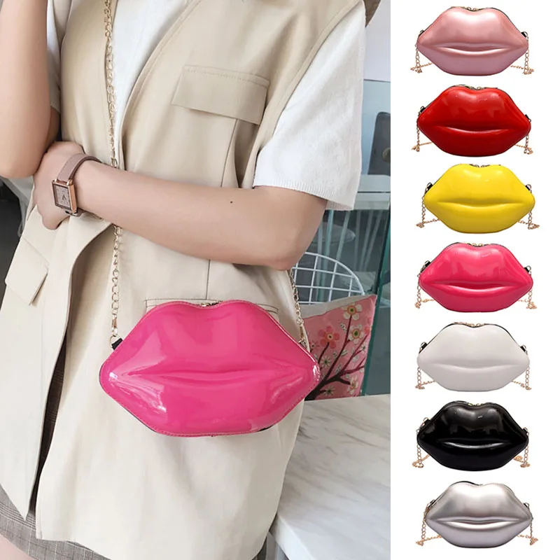 

Crossbody Single Shoulder Bag Red Lip Mini Handbag with Golden Chain Strap for Women FC55