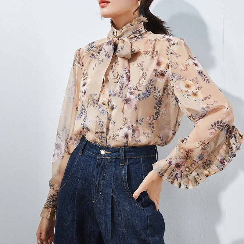 

Women Floral Long Sleeve Chiffon Blouse Formal Female Stand Collar Blouse Top High Street OL Runway Summer Blouse Shirt