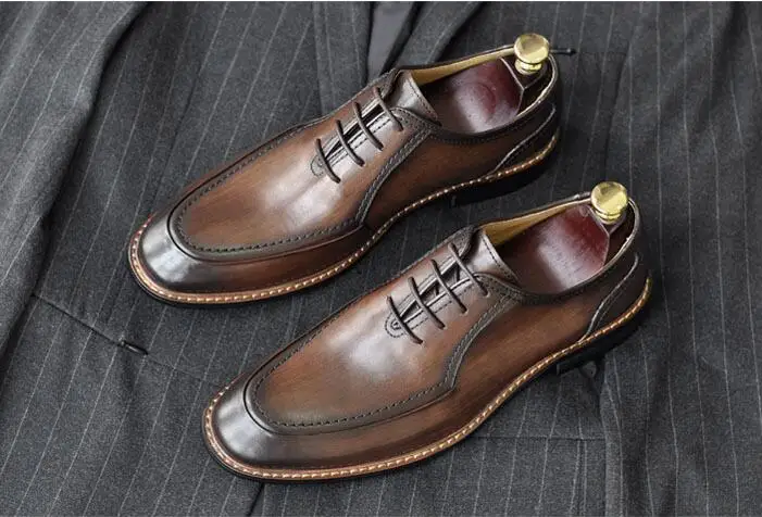 Handmade dress shoes men genuine leather lace up smart casual shoes seams mix colour low heel breathable vintage oxfords Handmade dress shoes men genuine leather lace up smart casual shoes seams mix colour low heel breathable vintage oxfords
