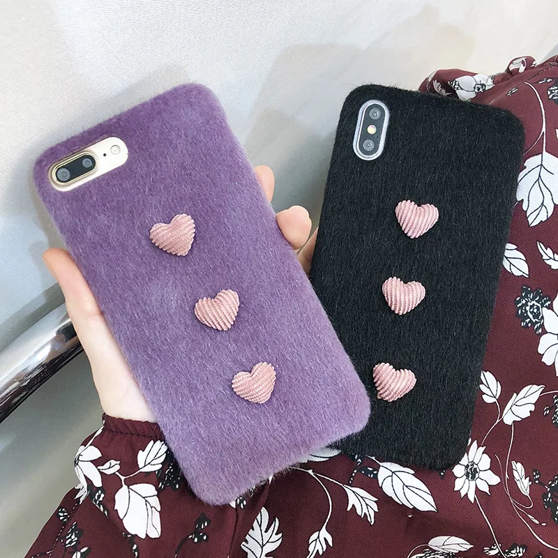

JAMULAR 3D Heart Warm Fuzzy Phone Case For iPhone XS MAX XR 7 8 6 6s Plus Retro Hard Phone Furry Plush Back Cover For iPhone 7