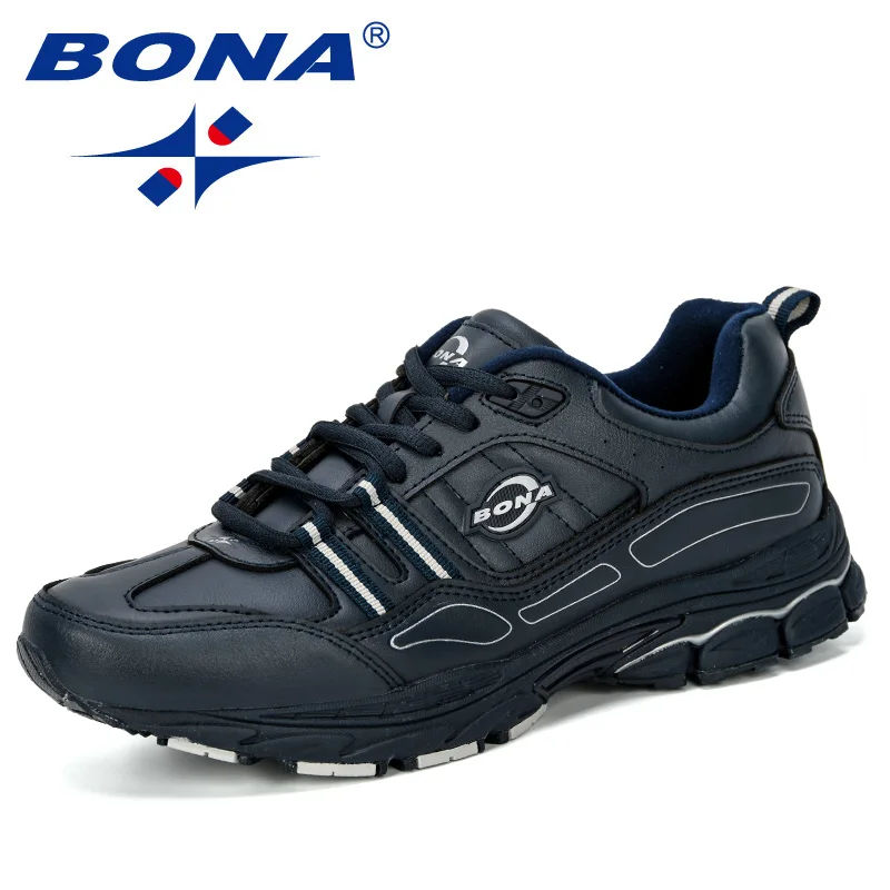 BONA новая популярная мужская спортивная обувь, мужские кроссовки, мужская обувь для бега, спортивная обувь, мужские уличные кроссовки, экшен кожа, для тенниса - Цвет: Deep blue silvergray