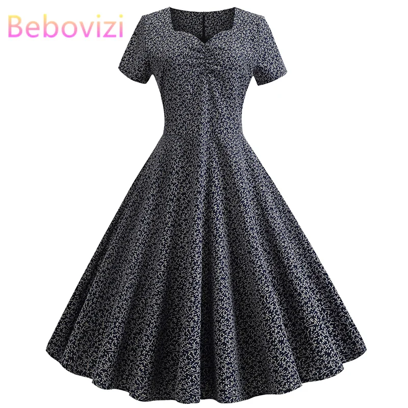

Bebovizi 2019 Summer Fashion Women Sexy Vintage Plus Size Bandage Dress Casual Office Elegant A-Line Black Print Short Dresses