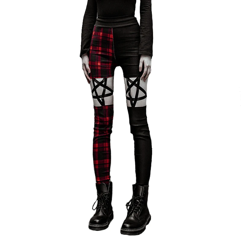 

Punk Gothic Summer Women Leggings Skinny Pencil Pants Hollow Out Pentagram Black Red Zipper Sexy Trousers
