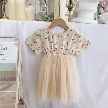 

Girls dress Xia Hanyang children cartoon cherry mesh stitching princess dress girl short-sleeved dress