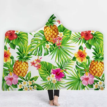 

Tropical plant pineapple Hooded Blanket Sherpa Fleece Ocean Blue Wearable plush Throw Blanket on Bed Sofa Thick warm