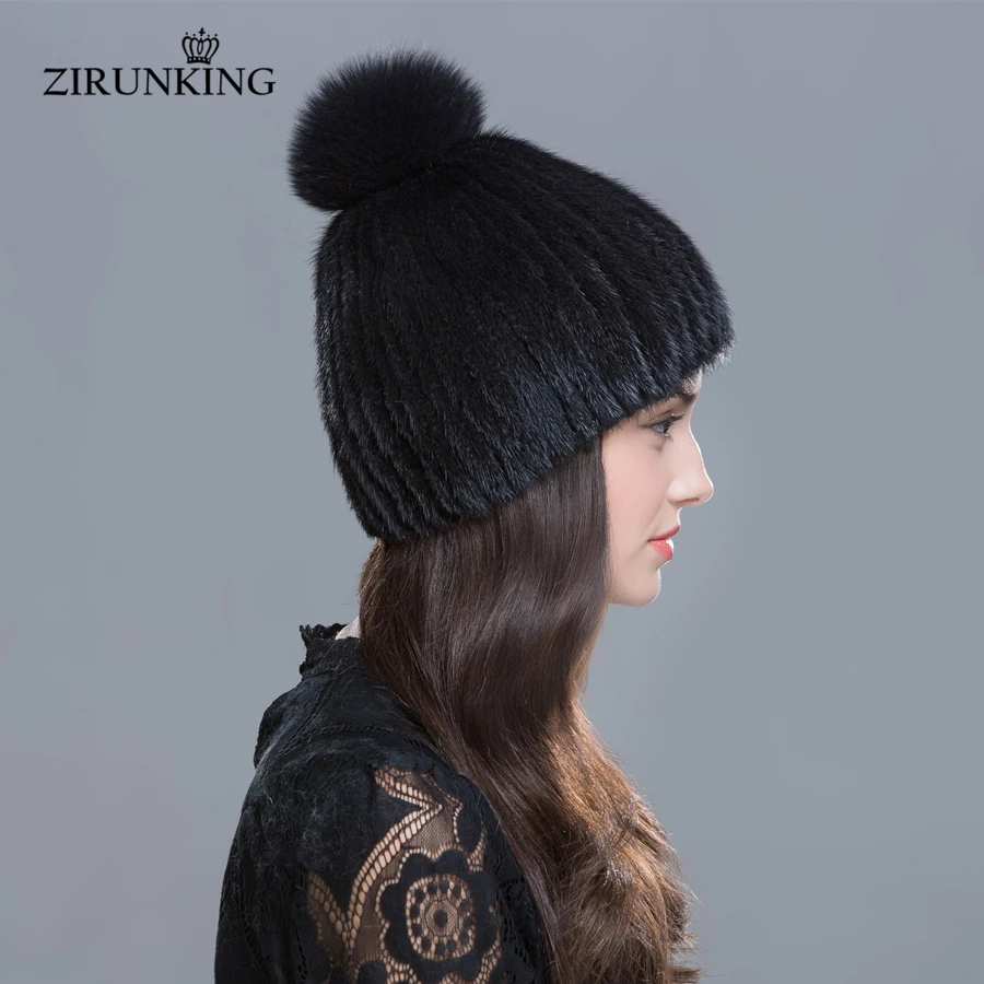 ZIRUNKING женские теплые норки шапки зимние натуральным лисьим мехом шапочки качественные женские повседневные Шапки ZH1606