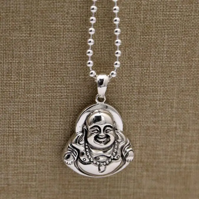 

100% Real Pure Silver 925 Pendant For Necklace Men Women China Smile Buddha 11g Solid 925 Sterling Silver Jewelry DIY Trinket