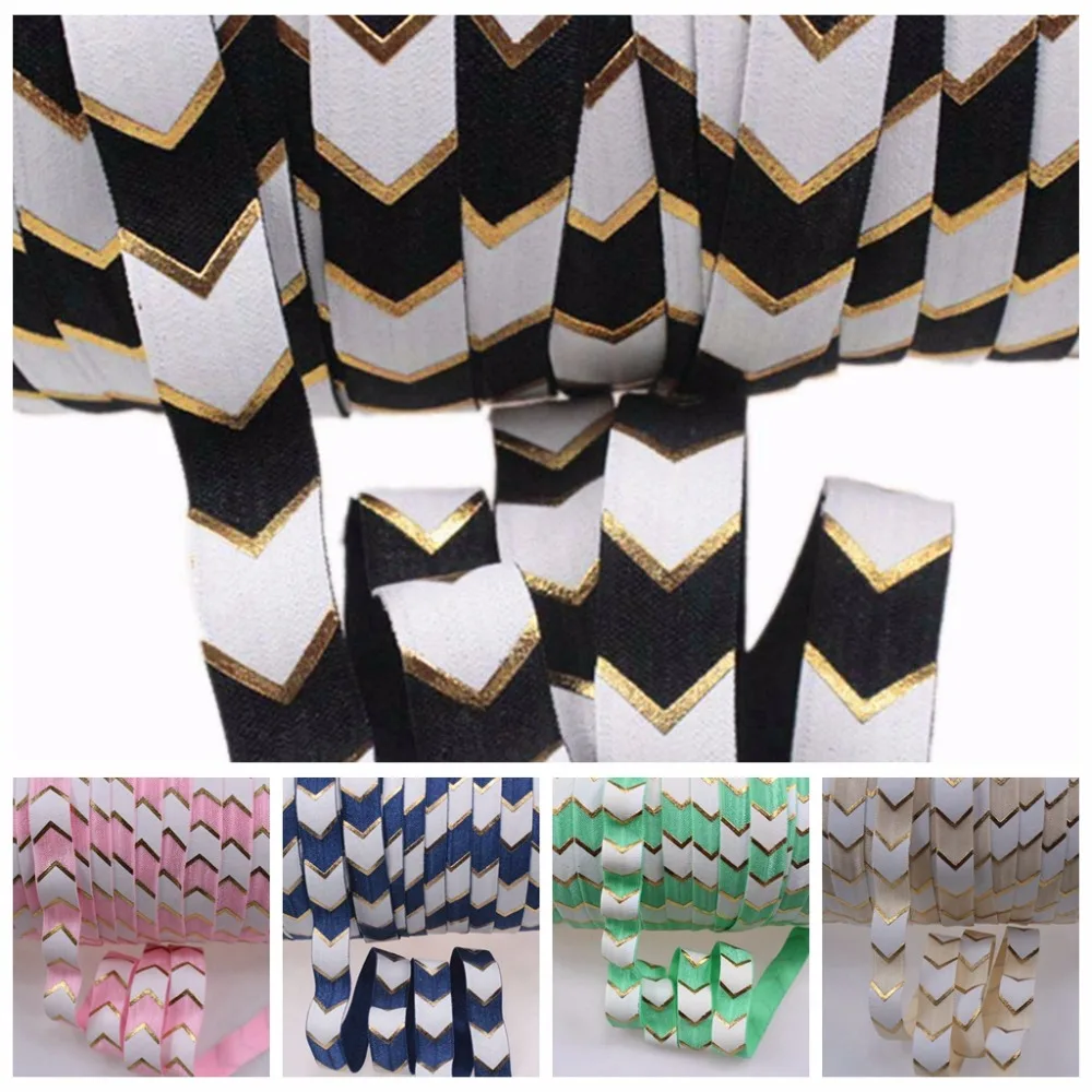 

10 Colors gold foil big chevron FOE fold over elastic for hair ties accessaries 50yards/lot and 100yards/lot