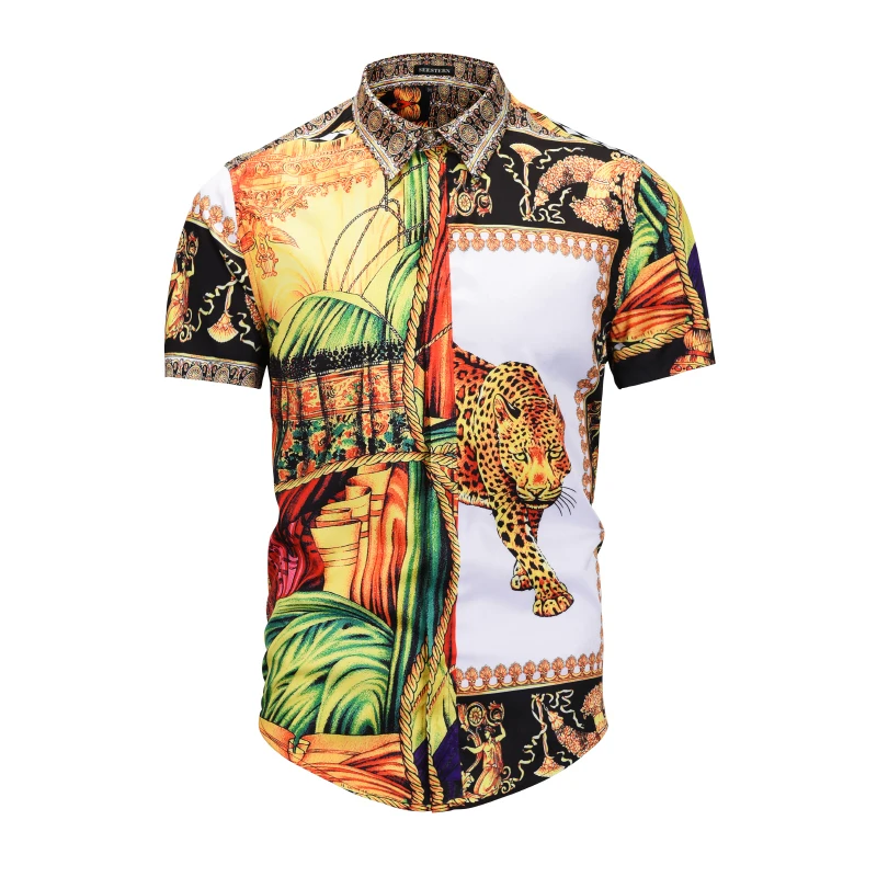 Мужская рубашка с коротким рукавом, леопардовая расцветка, подходящая клетчатая рубашка с цветочным принтом, модные Молодежные рубашки в западном стиле