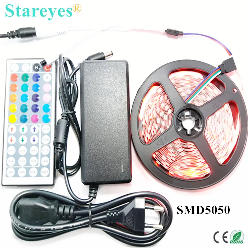 #cheap 1 set 5M 300 LED SMD 5050 RGB LED strip DC12V tape Non Waterproof Strip flashlight lighting with IR Remote + 5A Power Adapter