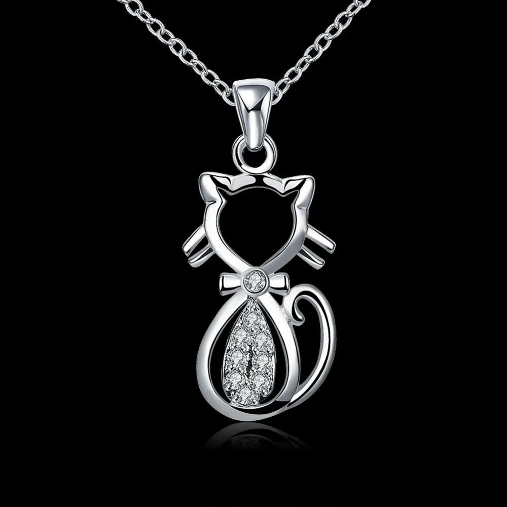 Cute Cat Necklace & Pendant For Women Gift 925 pure silver plated