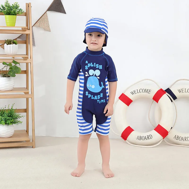 Toddler Baby Boy Swimwear Summer Beach Kids One-piece Swimsuit+Hat Set Children Boys Girls Holiday Fish Pattern Bath Suit (2)