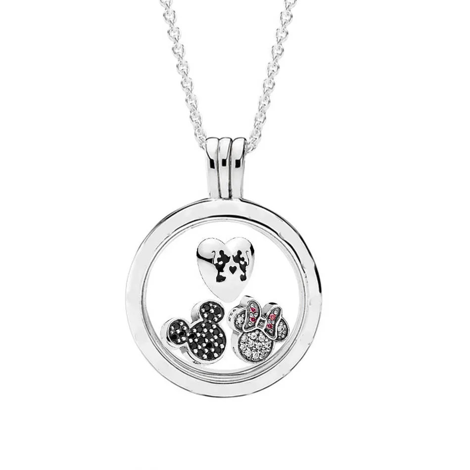 

925 Sterling Silver Necklace Sparkling Mickey Minnie Floating Locket Set For Women Wedding Gift fit Lady Fine Jewelry