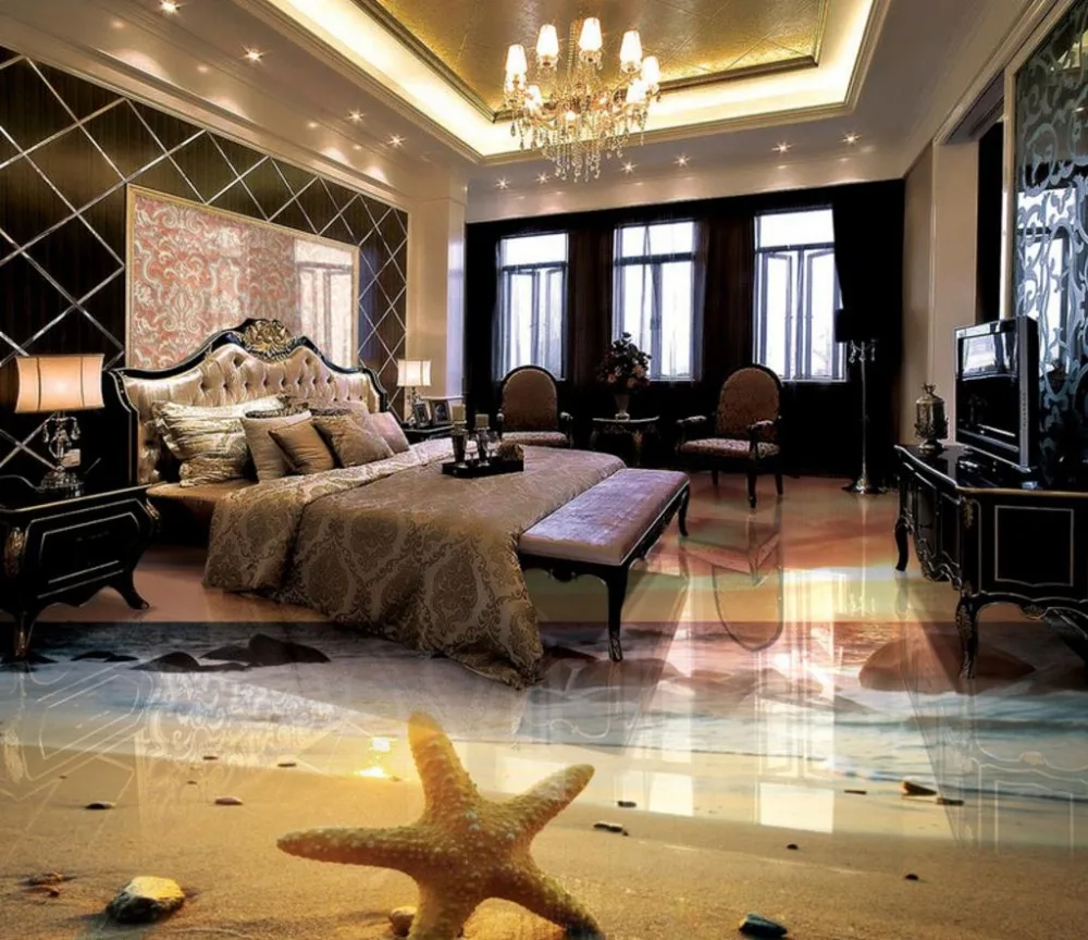 3D Wallpaper Floor Sunset Beach starfish shells 3D Custom ...