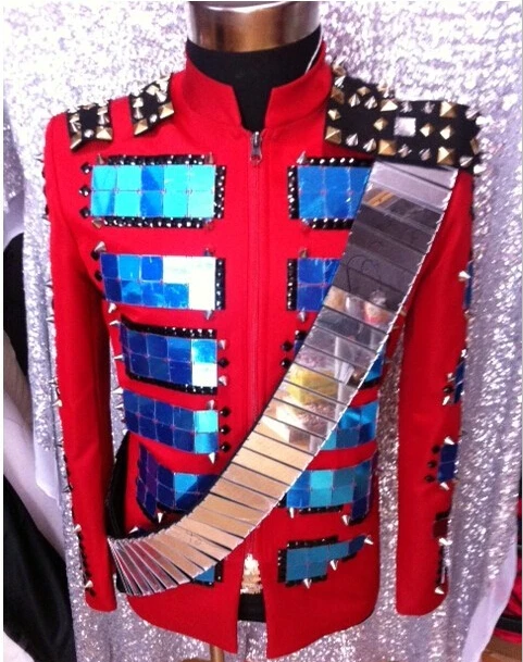 

Plus size men red mirrors sequin strap blazer jacket male singer DS show stage wear costume nightclub show Outerwear DJ outfit