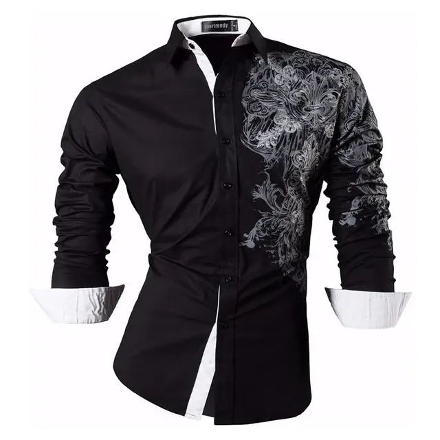 Sportrendy Men's Shirt Dress Casual Long Sleeve Slim Fit Fashion Dragon Stylish JZS041 JZS048-Black