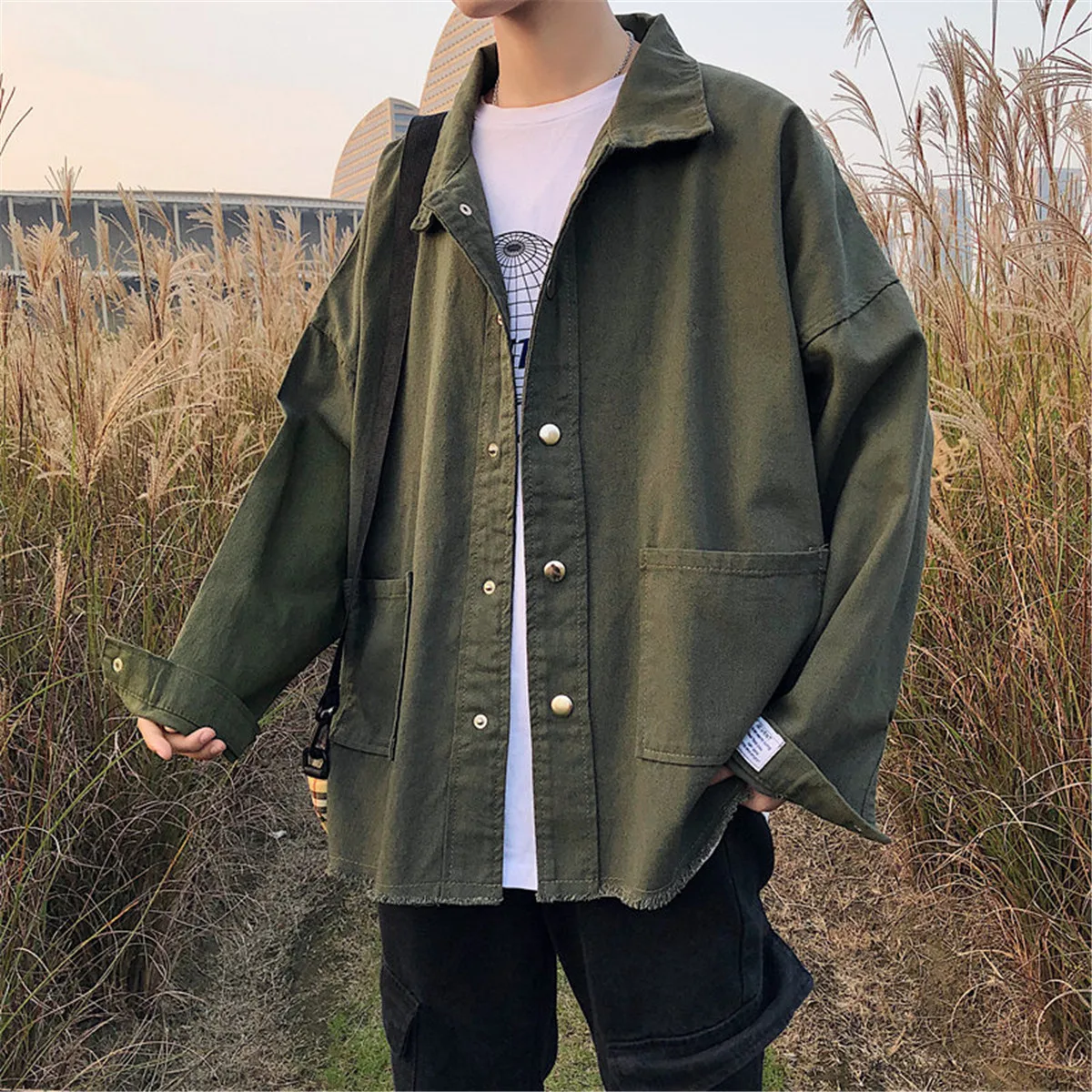 

Zogaa 2019 New Men's Denim Jacket Solid Jeans Jacket Coat Black and Army Green Loose Streetwear Overcoat INS Popular Men Jacket