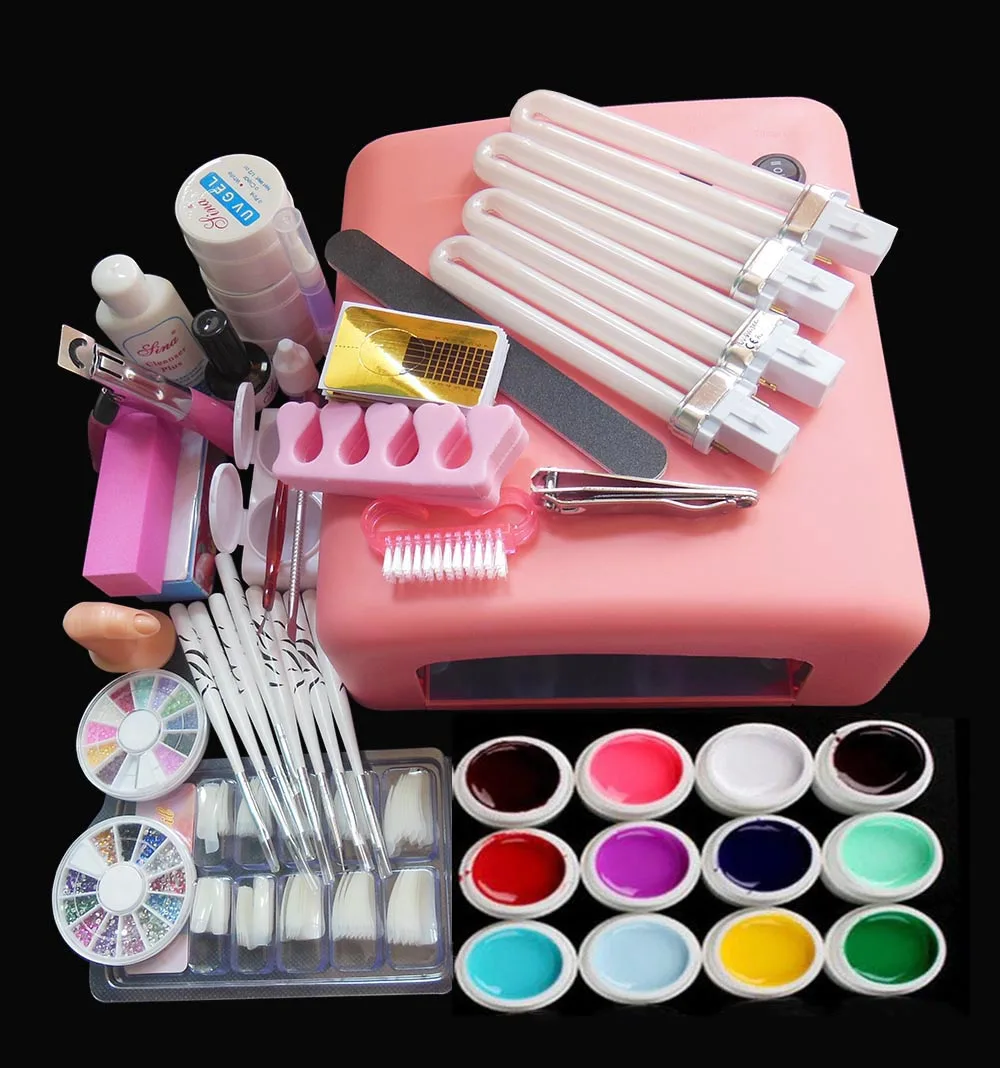 New Pro 36W UV GEL White Lamp & 12 Color UV Gel Nail Art Tools Sets