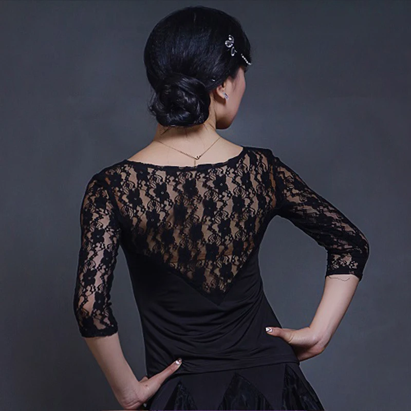 Women Dance Tops Black Lace Shirt For Ballroom Dance Waltz / Tango Clothes Ladies Ballroom Dance