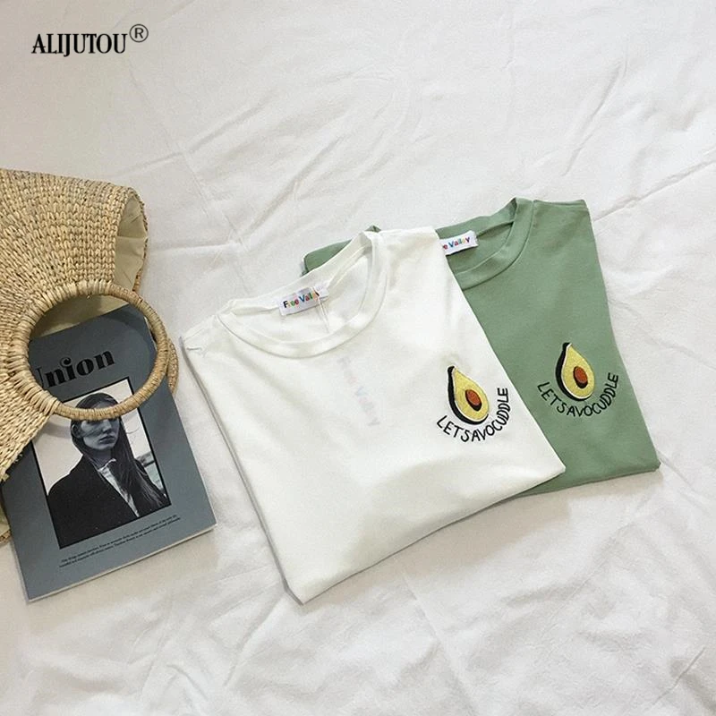 Green Cute Avocado Embroidery Short Sleeve T-shirt 2019 New Summer Korean Womens Small Fresh Casual Tees Female Loose Tops Green Cute Avocado Embroidery Short Sleeve T-shirt 2019 New Summer Korean Womens Small Fresh Casual Tees Female Loose Tops